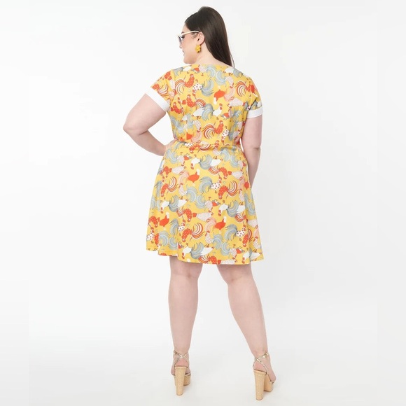 NWT Unique Vintage Mustard & Red Rooster Print Fit & Flare Dress Sz 2X/18 - Picture 4 of 16